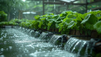Fresh lettuce plants growing in a hydroponic farm system as rainwater falls adding to the natural feel