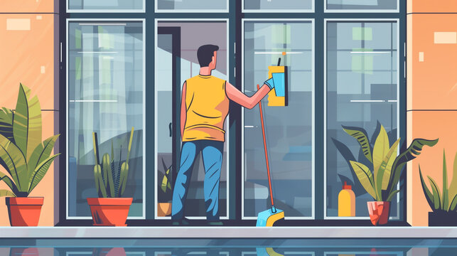 man cleaning window, yellow shirt, modern style clip art preview
