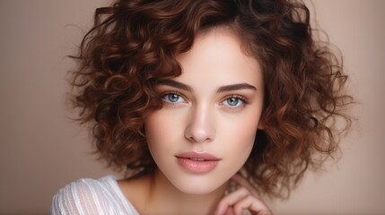 Naklejka premium beautiful hair woman with stylish hairstyle, happy with beauty products, hair shampoo or conditioner, perfect healthy lovely shiny hair, fashion, modern, beauty, makeup, model, cosmetics