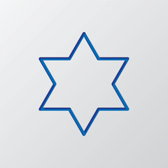 Shield of David simple icon vector. Flat design. Paper cut design. Cutted blue symbol with shadow. Gray background