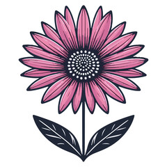 Stylized pink flower silhouette with dark leaves isolated on transparent background
