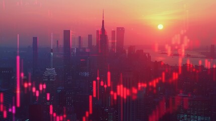 Fototapeta premium Double Exposure Trading Graph Hologram and Panoramic Sunset City