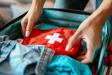 Close-up of a person packing a first aid kit into a travel bag for safety, health, and preparedness. Generated AI