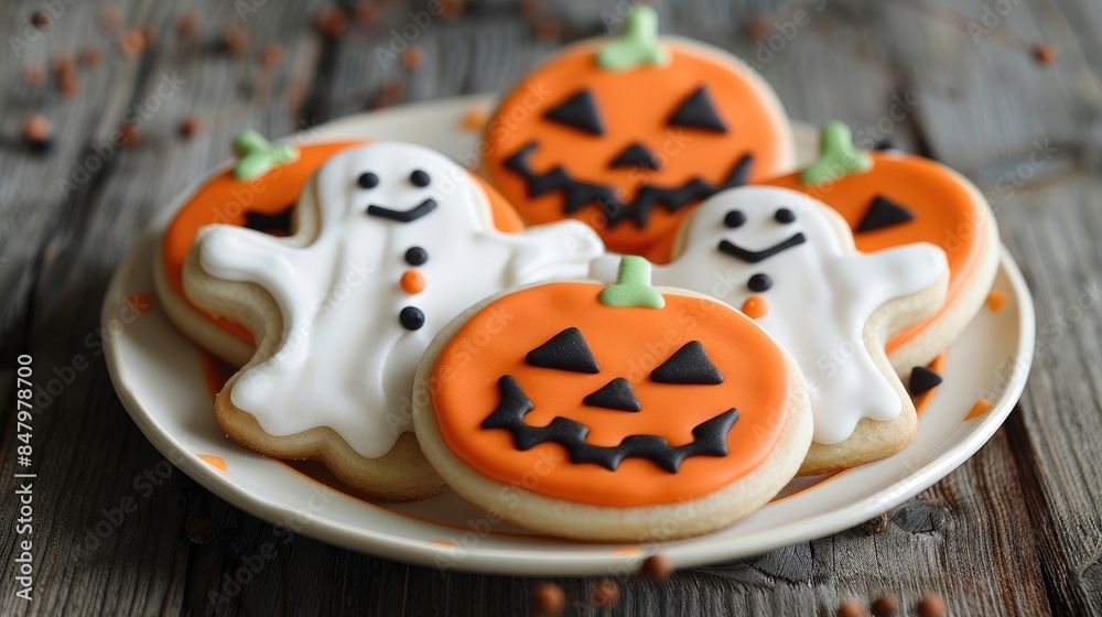 Wall mural Plate with Halloween themed cookies decorated as pumpkins and ghosts