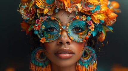 Close-up of a woman wearing floral-themed glasses and earrings with a flower crown. Digital art portrait. Fantasy and fashion concept.