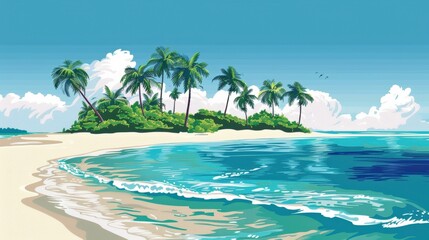 Illustrated Tropical Beach with Palm Trees Evoking Serenity