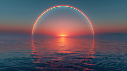 Mesmerizing sunset over the ocean with a vivid rainbow forming a perfect arc, reflecting serene beauty and calm.