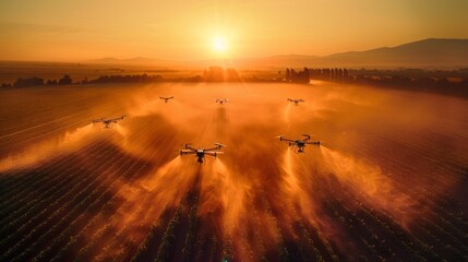 Drones flying over a field during sunrise