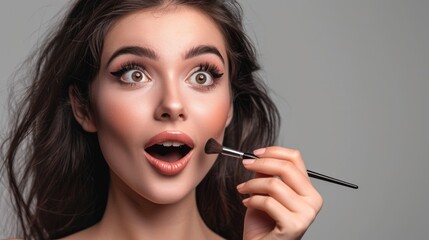 Obraz premium Shiny ideal perfect lady silky eyelashes artist girlish feminine nude concept. Portrait of excited astonished lady using perfect brush for makeup, beauty, cosmetics, skincare