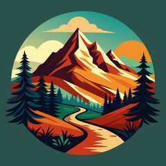 Hiking on the trails with a mountain in the distance. Vintage retro-style mountain and forest illustration for t-shirt design