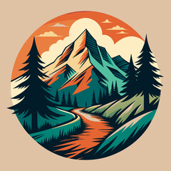 Hiking on the trails with a mountain in the distance. Vintage retro-style mountain and forest illustration for t-shirt design