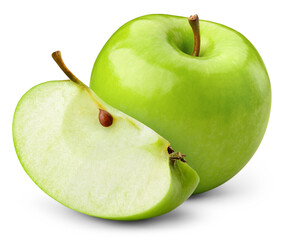 Green apple isolated png. Whole apple and a slice on transparent background. PNG format. Green apples with no background. Full depth of field.