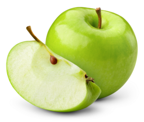 Green apple isolated png. Whole apple and a slice on transparent background. PNG format. Green apples with no background. Full depth of field.