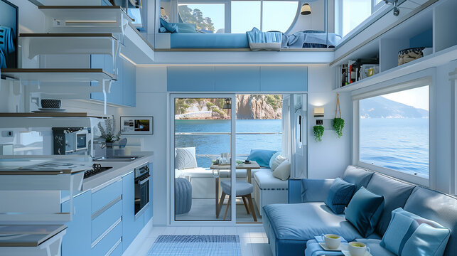 Blue and white interior of a tiny house with a superb sea view