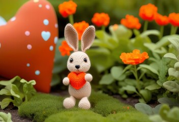 A crocheted rabbit sitting on a marble chair in a garden, with a red heart in the background