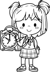 Kid telling time isolated outline vector illustration