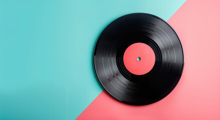 Fototapeta premium vinyl record sits on a pink and blue background, copy space