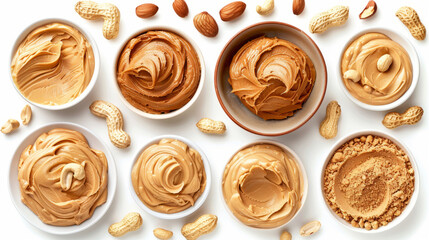 Fototapeta premium Variety of peanut butter textures in bowls on white background