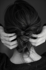 Fototapeta premium Minimalist image of a hairstylists hands creating a braid in a womans hair,