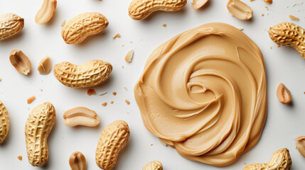 Collage of creamy peanut butter and peanuts on white background