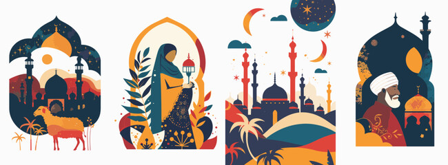 Set of religious islamic Eid celebration illustrations. Set of banners for islamic religion