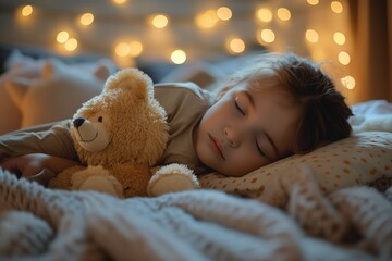 Child sleeping with teddy bear under warm lights