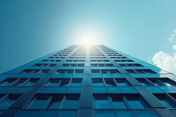 Minimalist image of a tall building framework silhouetted against a bright, clear sky,