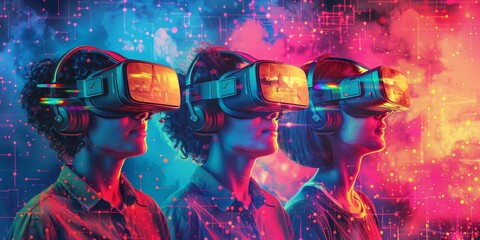 Students in a virtual reality setup, exploring historical events through immersive simulations, VR headsets, detailed illustrations, bright and engaging, educational technology