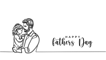 Happy Fathers day vector background, web banner, poster. Dad with daugther. One continuous line drawing with lettering Fathers day