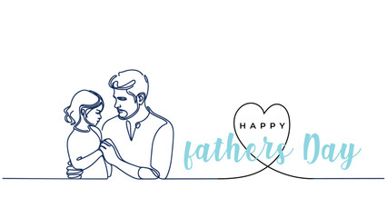 Happy Fathers day vector background, web banner, poster. Dad with daugther. One continuous line drawing with lettering Fathers day