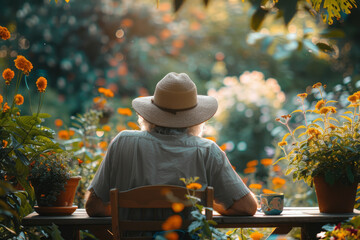 Elegant photo of a gardener enjoying a cup of tea in a peaceful garden setting,