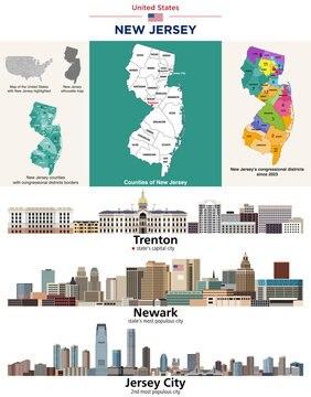 New Jersey counties map and congressional districts since 2023 map. Trenton (state's capital city), Newark and Jersey City (state's most populous cities) skylines. Vector set