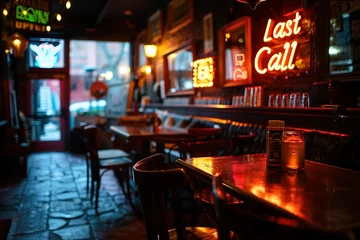 Wandcirkels Bar A dimly lit bar with vintage décor, neon signs, and wooden tables. A drink is placed on empty table. The sign above reads "Last Call"  © Ray