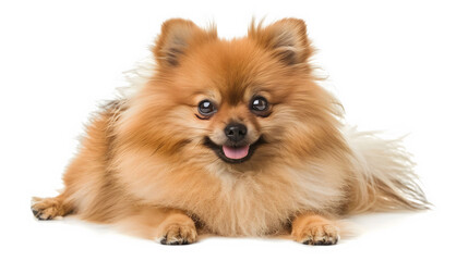 Obraz premium A happy Pomeranian dog with a pink tongue is laying on a white background