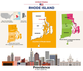 Rhode Island counties map and congressional districts since 2023 map. Providence skyline (state's capital and most populous city). Vector set