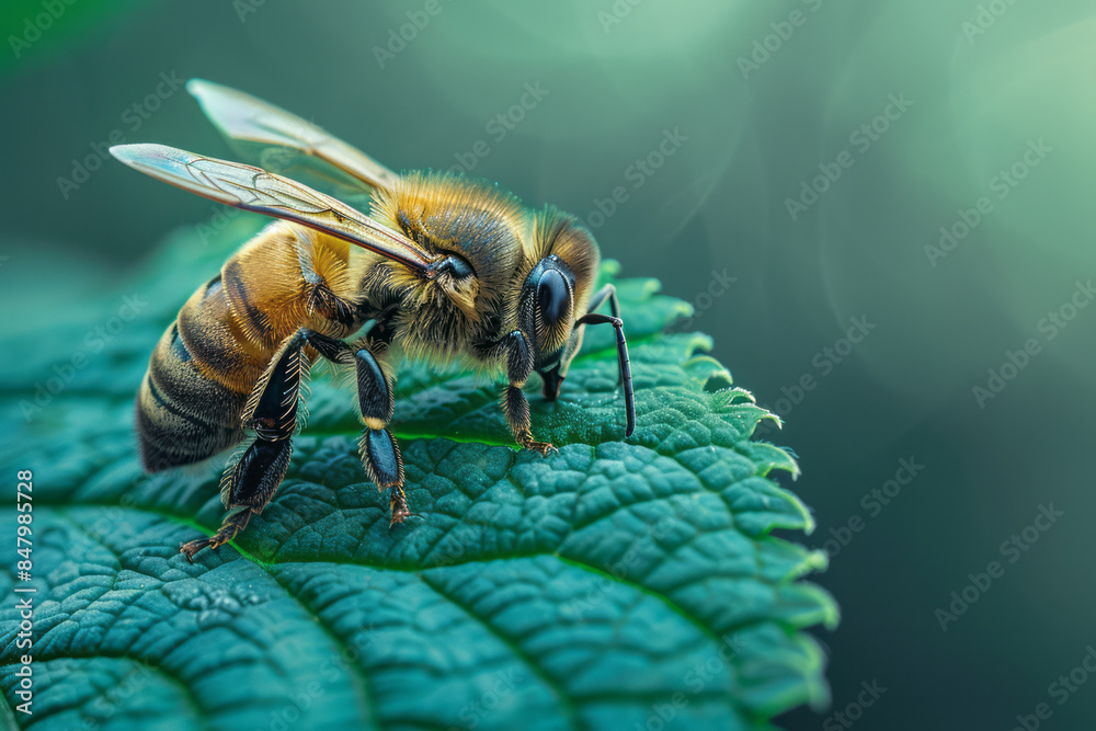 Poster minimalist aesthetic image of a bee on a green leaf against a soft backdrop,