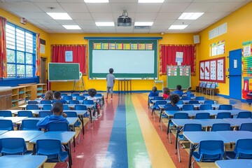 Elementary School Classroom With Students Sitting at Desks During a Lesson