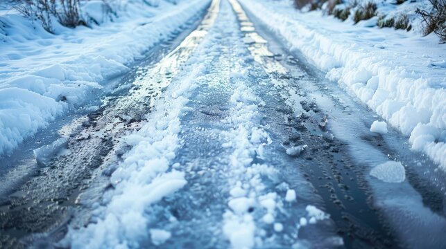 frozen path  road  covered with snow  black ice and ice where have left mark before freezing