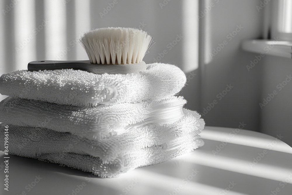 Poster minimal aesthetic image of a grooming brush and a clean white towel on a plain surface,