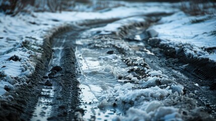 Obraz premium frozen path road covered with snow black ice and ice where have left mark before freezing