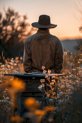 Fototapeta premium Simple image of a beekeeper standing by a hive in a minimalist landscape,