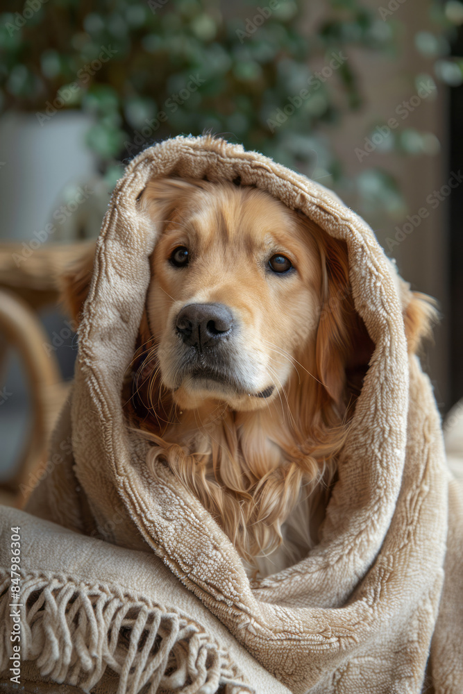 Poster elegant shot of a pet drying under a soft towel in a clean, minimalist setting,