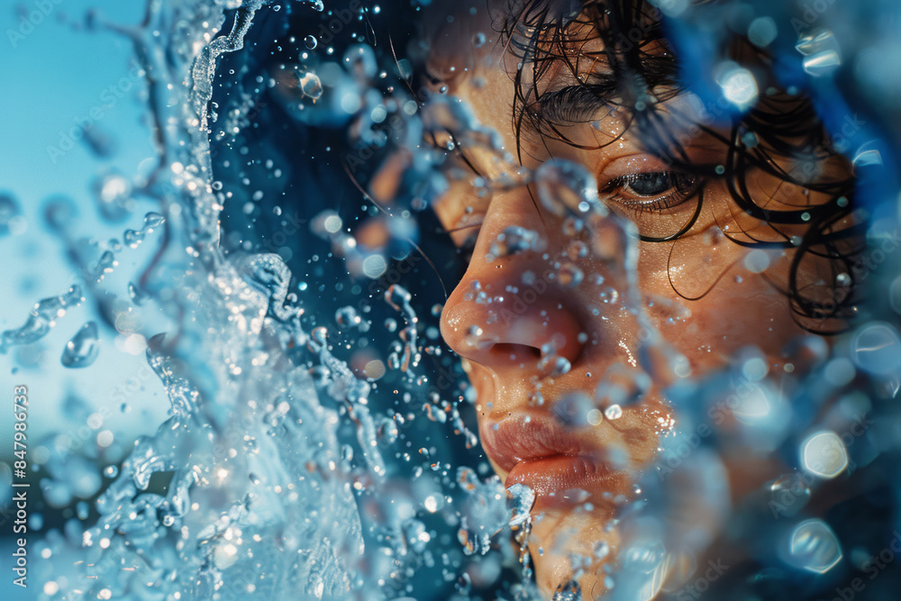 Aufkleber surreal image of a person dissolving into water droplets, blending into a clear blue sky,
