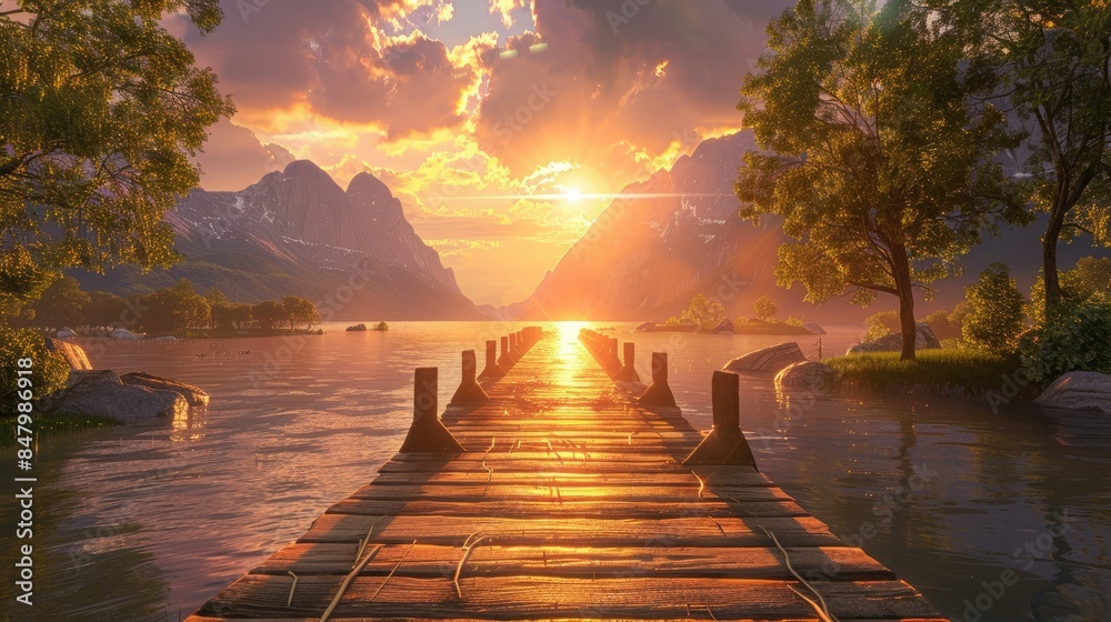 Wall mural river of a wooden bridge with a sunset view - Wall murals