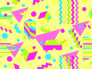 Geometric seamless pattern with memphis elements in 80s style. Colorful geometric pattern. Design of promotional products, wrapping paper and printing. Vector illustration