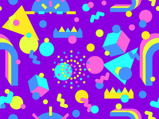 Geometric seamless pattern with memphis elements in 80s style. Colorful geometric pattern. Design of promotional products, wrapping paper and printing. Vector illustration