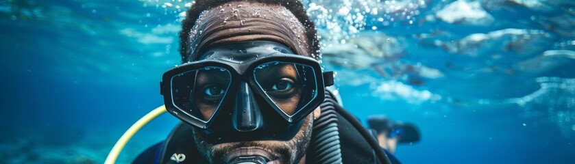 Scuba Diving Lifestyle Focus on a joyful man, African American, 30s, scuba diving in the ocean, empty space right for text Look at camera