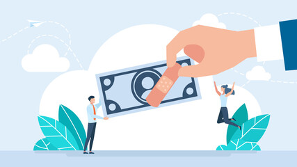 Torn banknote covered with patches and plaster. Restoring savings. Money management, financial literacy. Economic repair. Dollar patched with an adhesive tape, financial crisis. Flat illustration