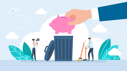 A businessman throws a piggy bank into the trash. Concept of inflation, devaluation of money, loss of savings. Money, piggy bank, trash can, cleaner. Flat illustration