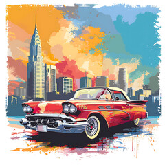 flat illustration classic car in pop art style for tshirt graphic vector illustration
